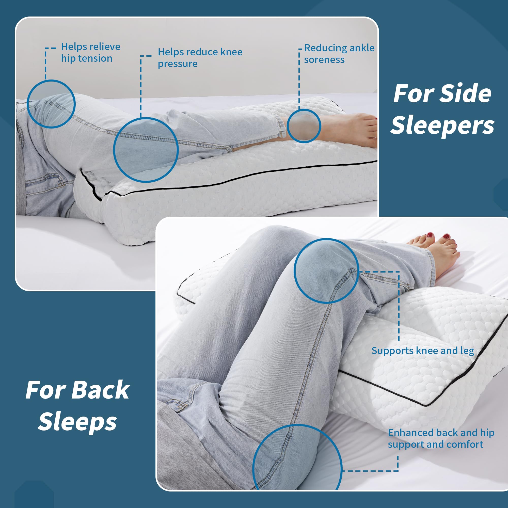 HOMBYS pillow in use between knees of side sleeper for improved alignment