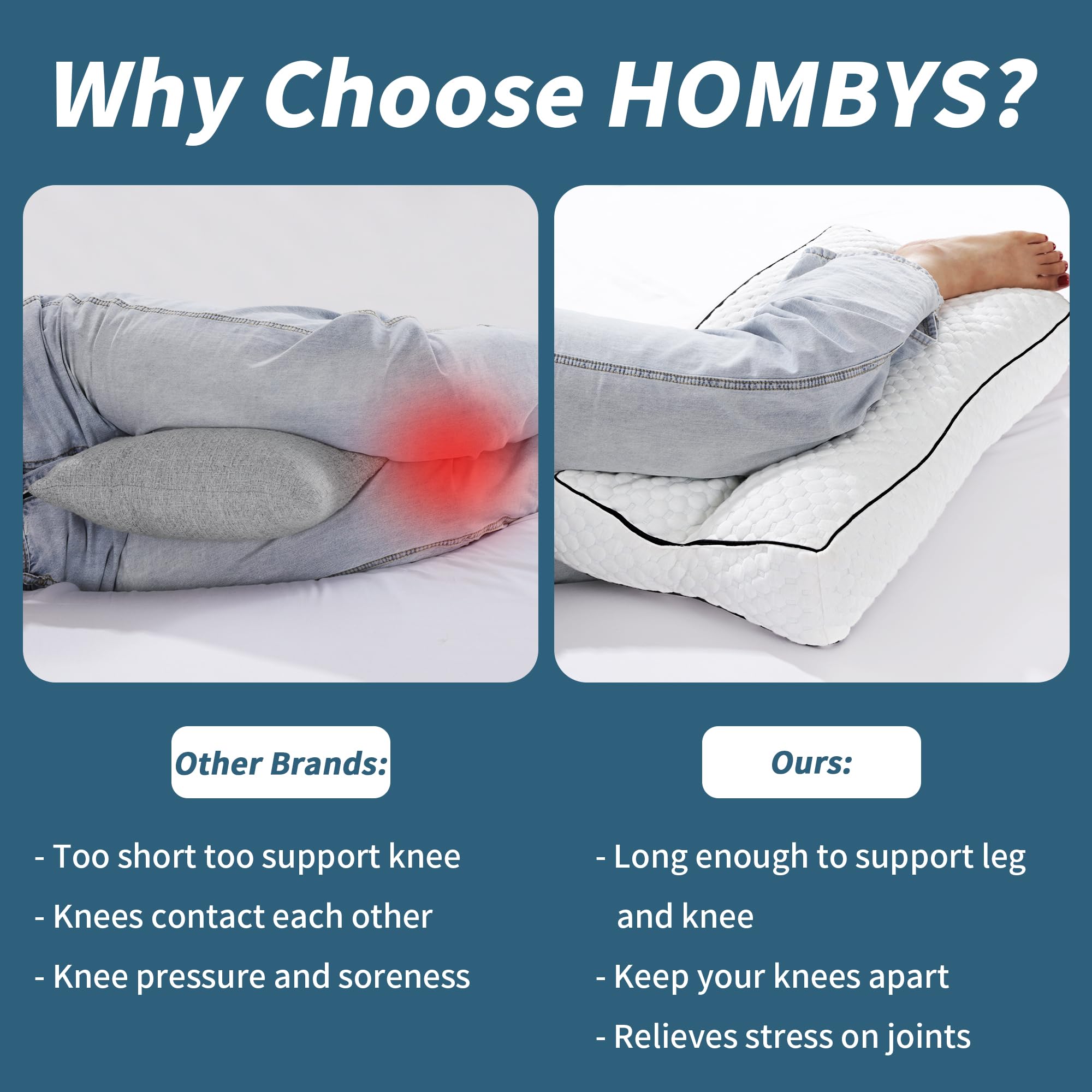 HOMBYS pillow beside ruler showing 26-inch length for full leg support