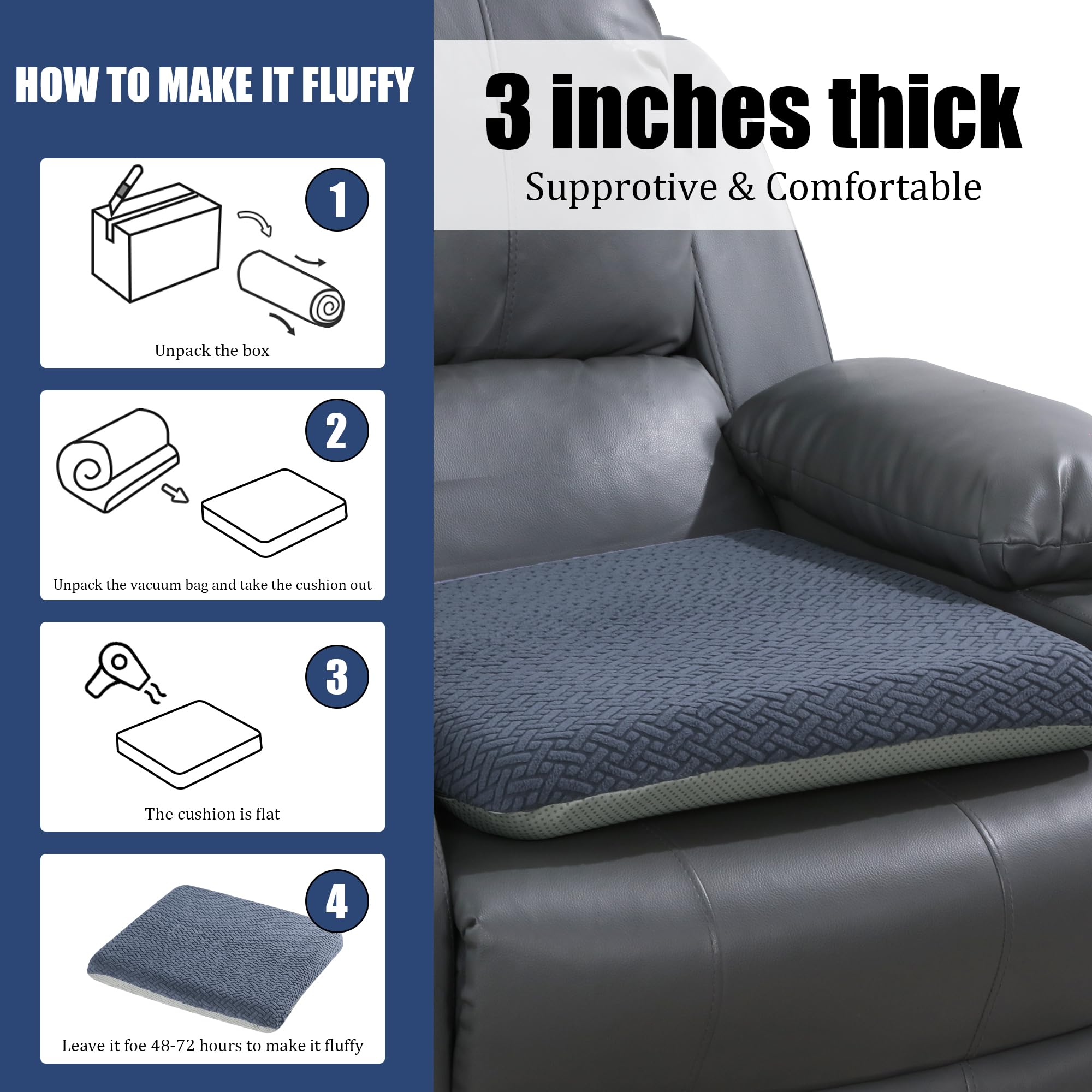 HOMBYS cushion placed on recliner demonstrating improved seating ease