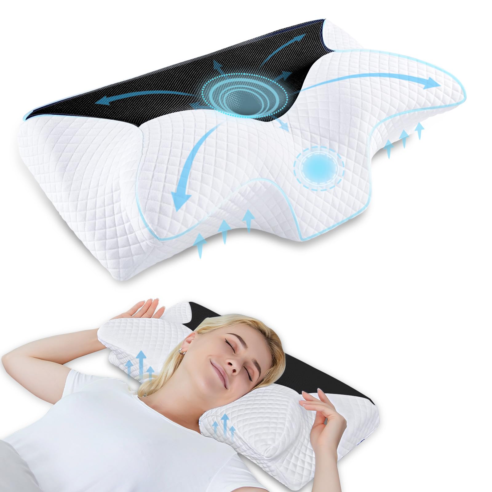 HOMCA pillow front view showing contour shape and ergonomic benefits