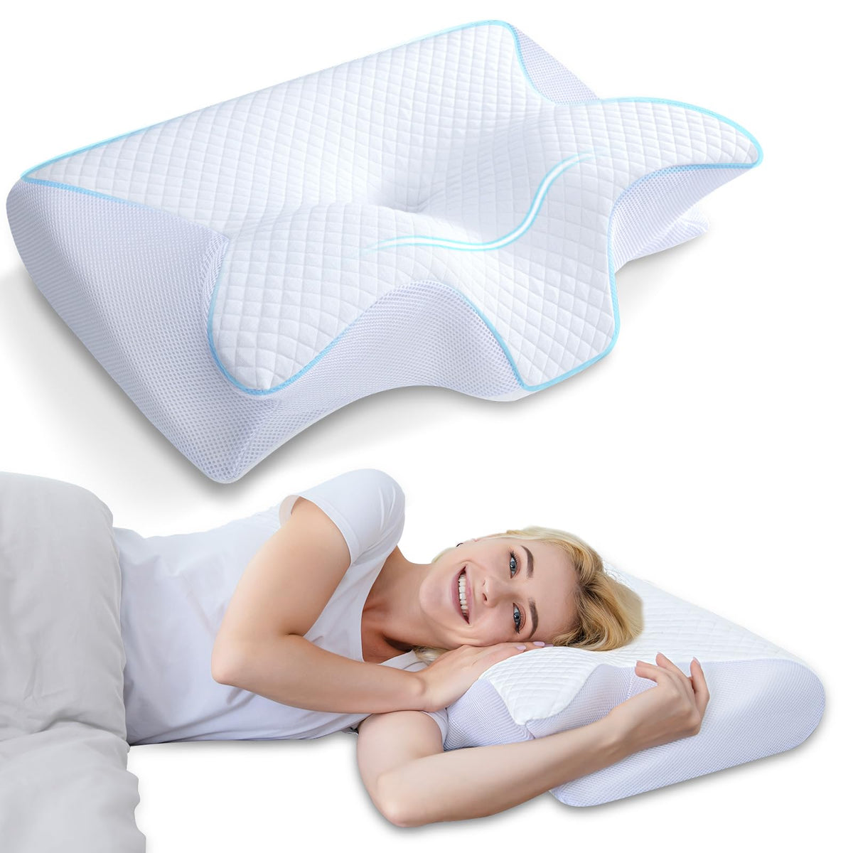 HOMCA front angled pillow showing shape and neutral spine support