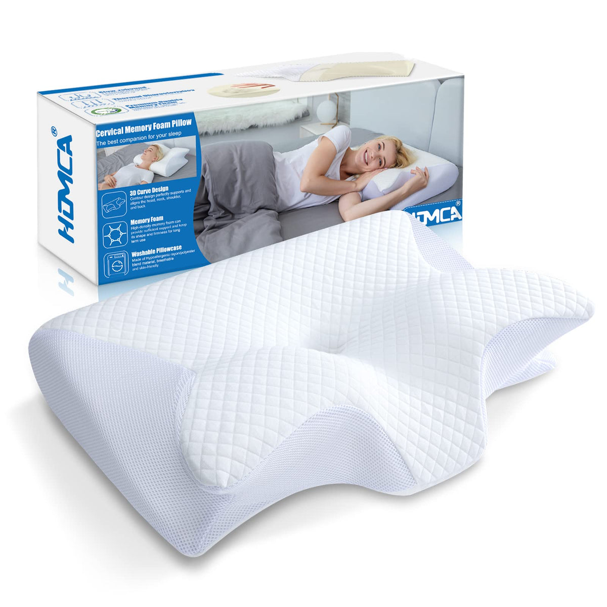 HOMCA front view of contour pillow showing ergonomic neck support benefits