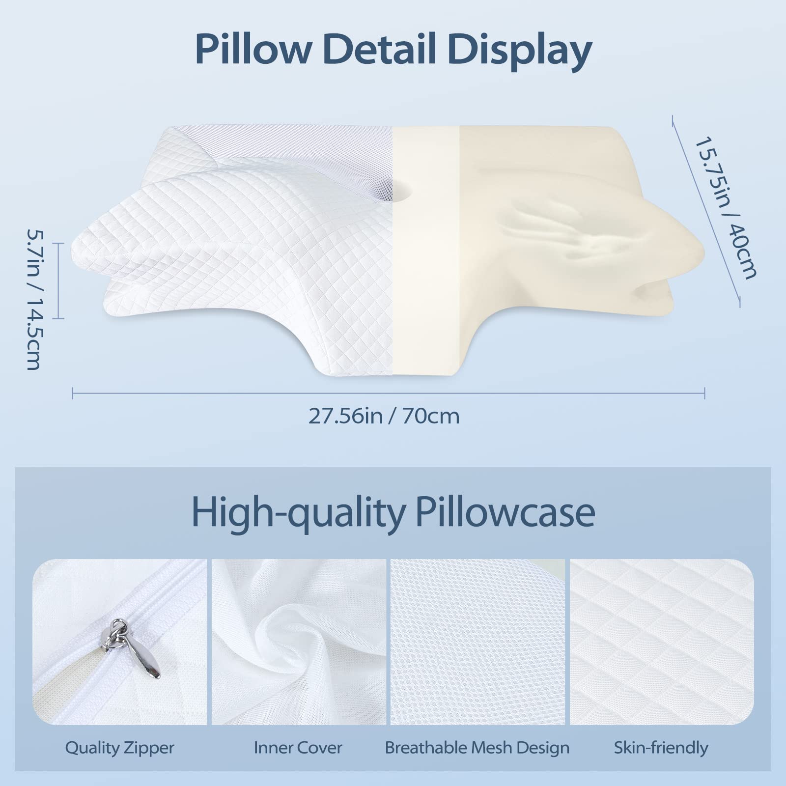 HOMCA pillow zip detail on breathable outer cover for easy removal and cleaning