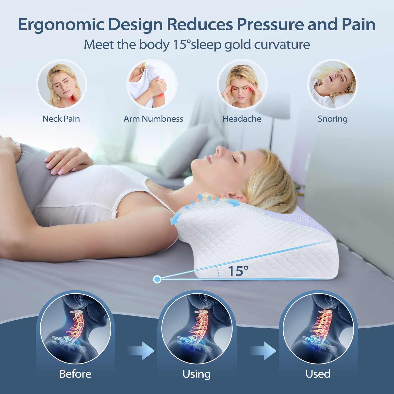 HOMCA pillow side profile showing dual-height design for customizable neck support