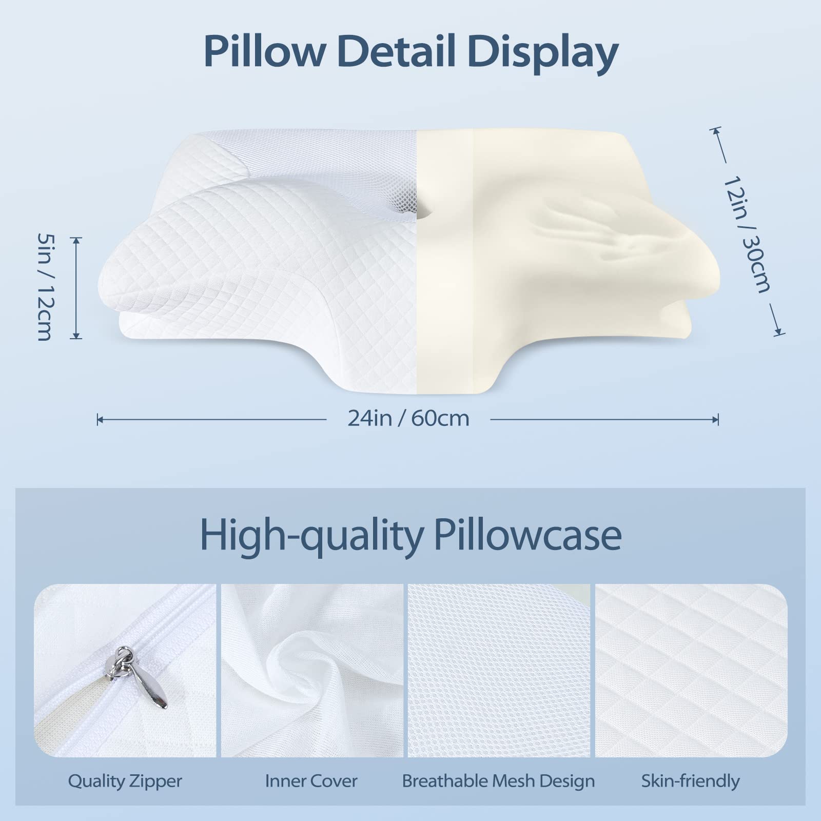 HOMCA pillow size comparison with hand showing compact scale and easy handling