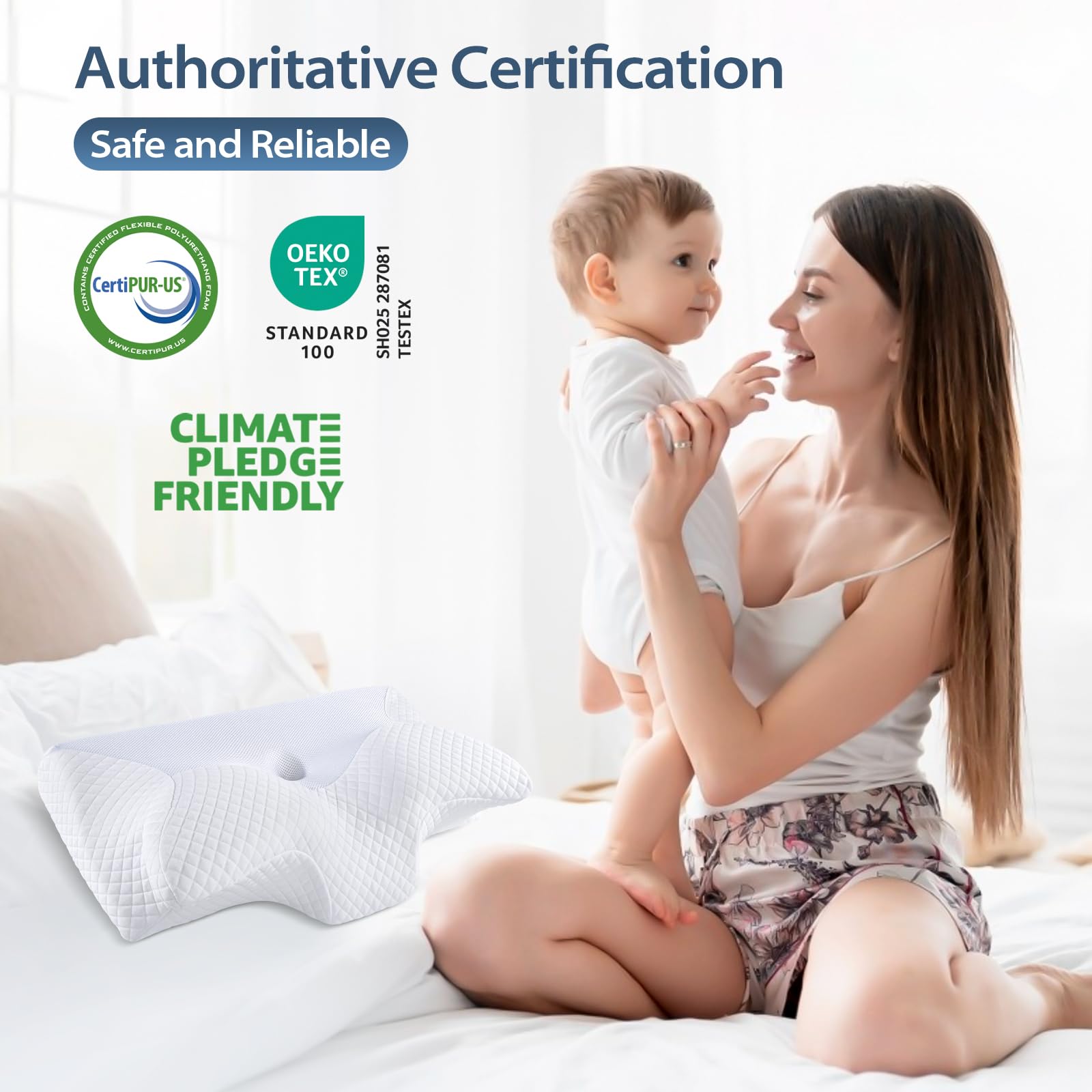 HOMCA pillows packaging and labels displaying CertiPUR certification and care info