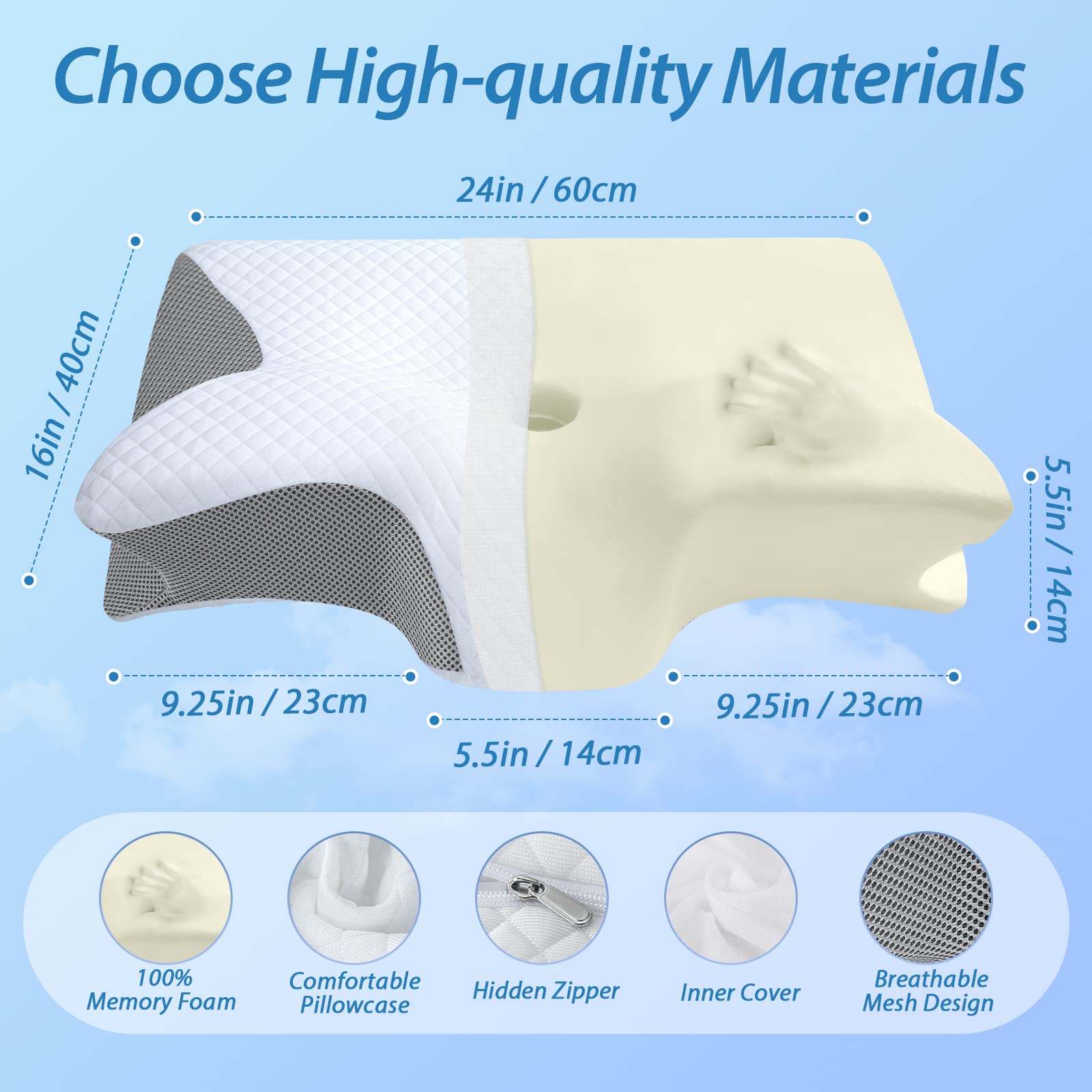 HOMCA pillow placed on bed for size comparison and mattress fit guidance