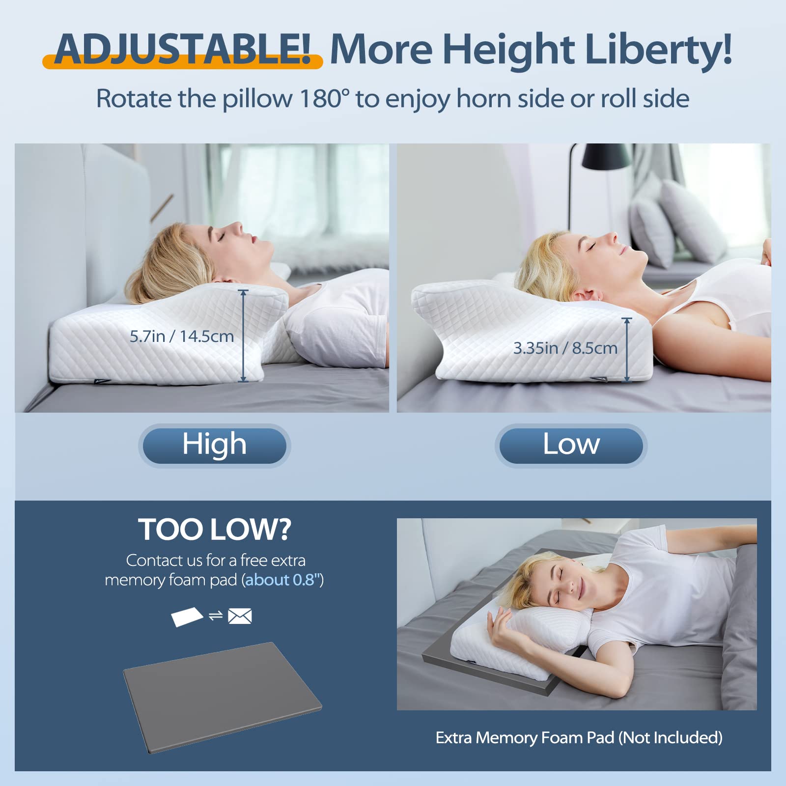 HOMCA pillow next to a hand showing correct size and practical height comparison