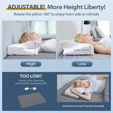 HOMCA pillow next to a hand showing correct size and practical height comparison