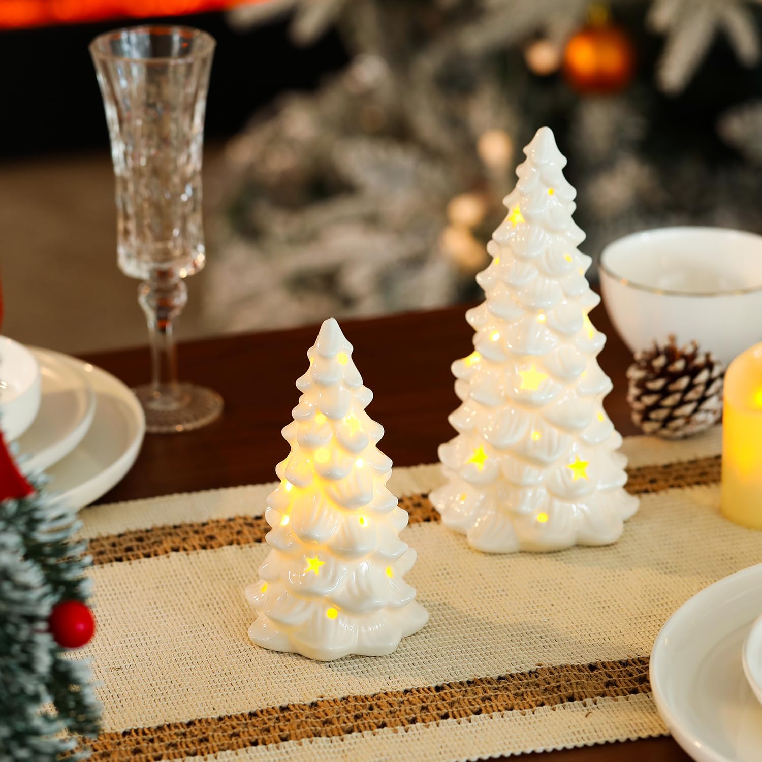 HOMCDALY miniature trees lit in a dim room creating cozy holiday atmosphere