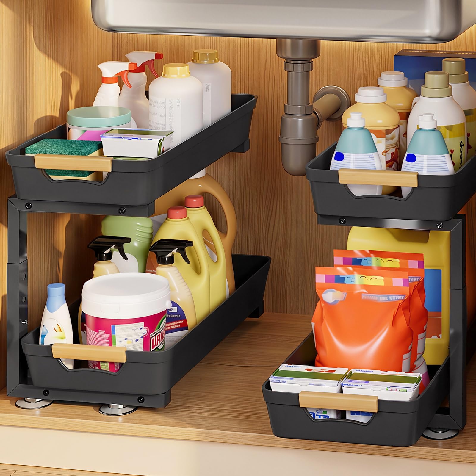 Homde front installed under-sink organizer showing tidy accessible supplies