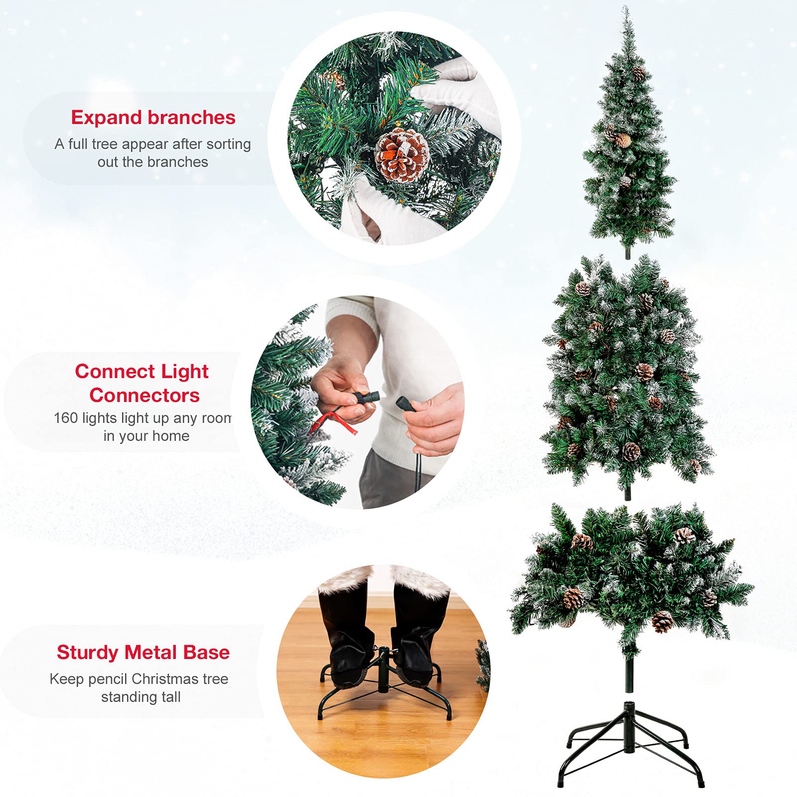 Homde tree beside sofa to show scale and narrow-fit room benefit