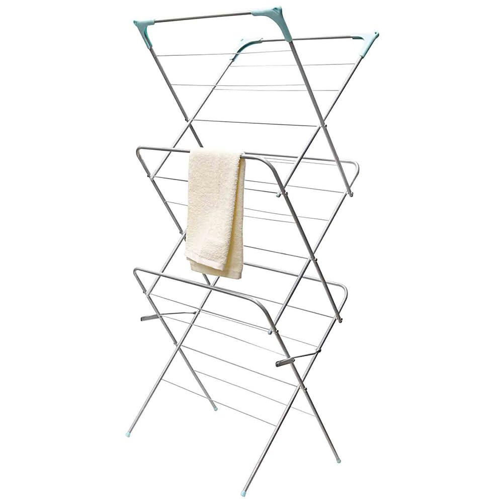 Home Basics front view of metal clothes rack showing full 3-tier capacity and organized drying