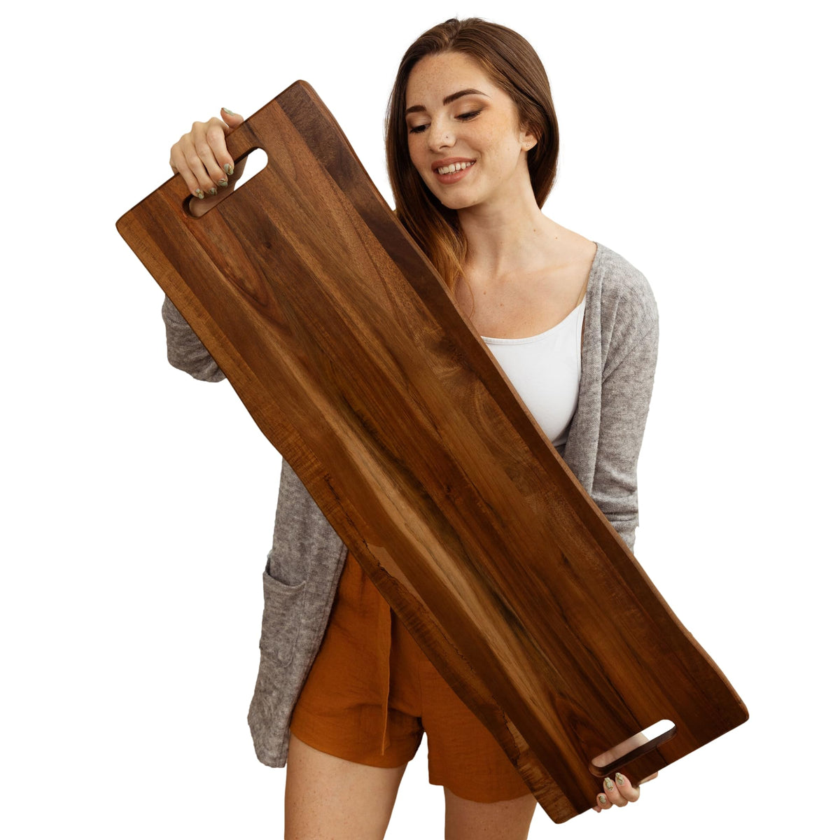 Home Beets front view of full 36x12 acacia board showing rustic appeal and serving capacity