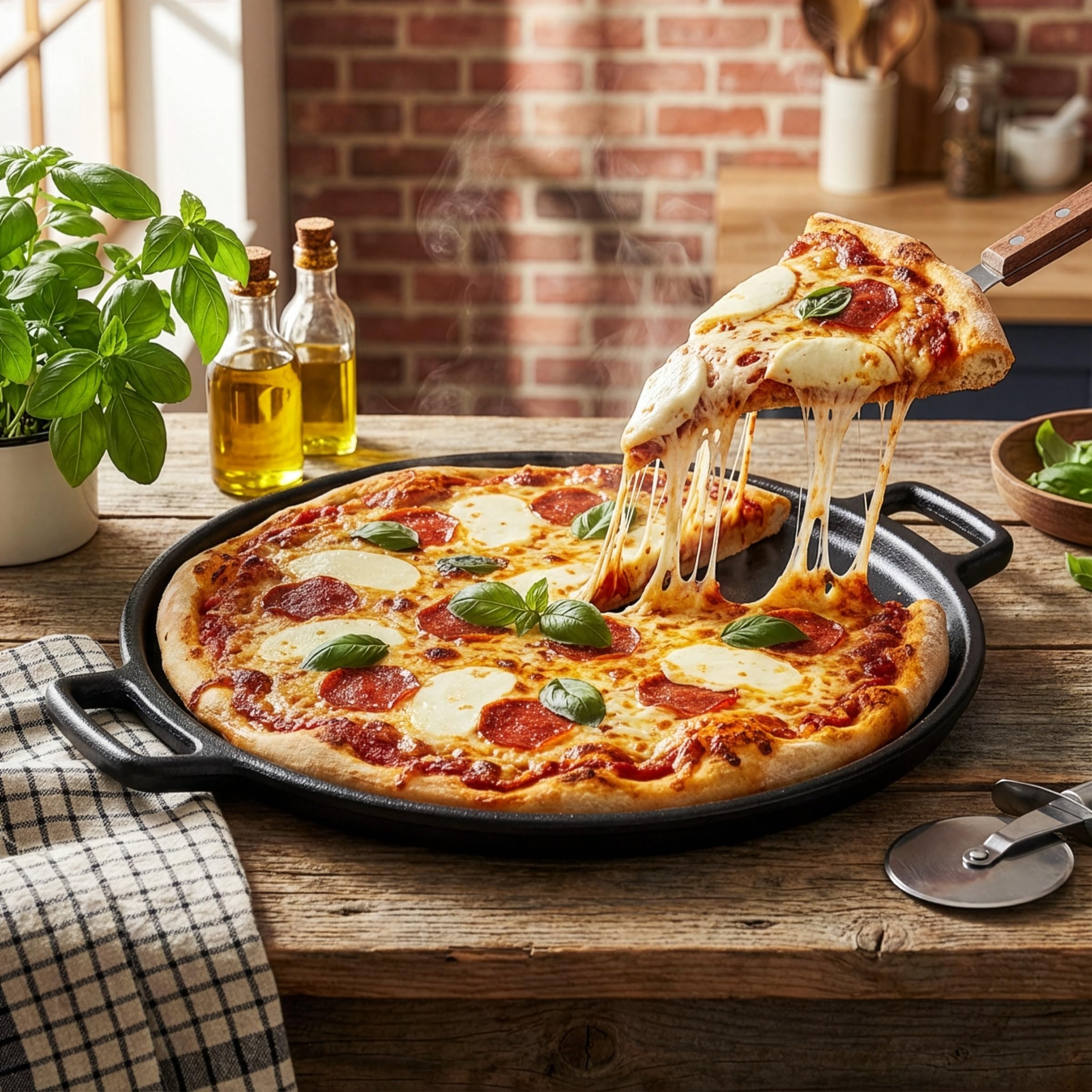 Home-Complete pizza fresh out of pan in kitchen setting for family meal convenience
