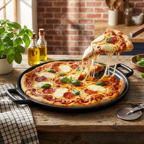 Home-Complete pizza fresh out of pan in kitchen setting for family meal convenience