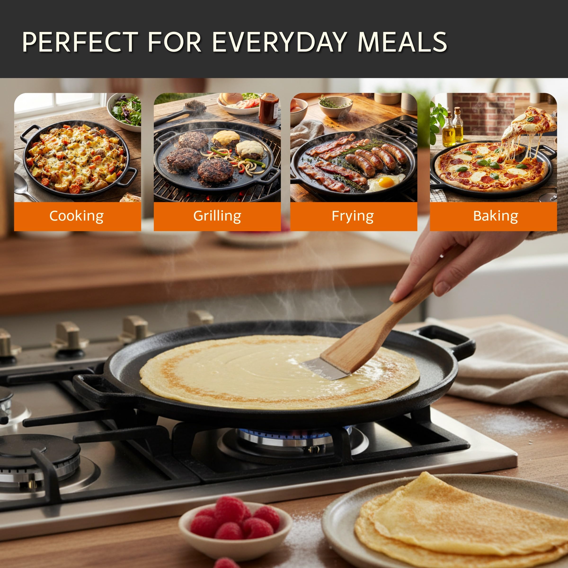 Home-Complete pan on grill illustrating outdoor use and high-heat durability