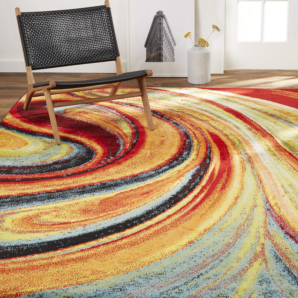 Home Dynamix front view showing Splash rug vibrant colors and instant room impact