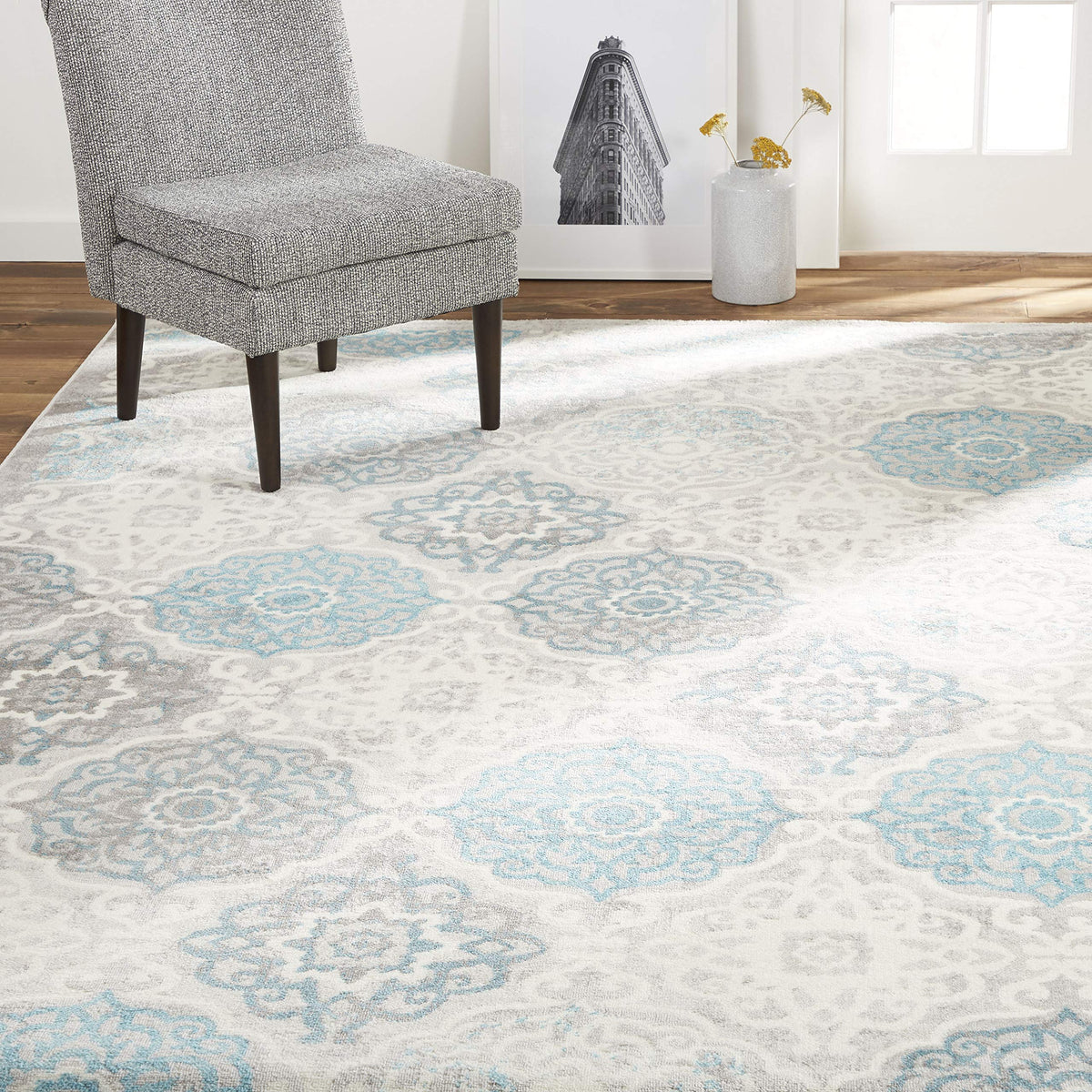Home Dynamix front view of rug showing grey blue medallion and room-ready styling