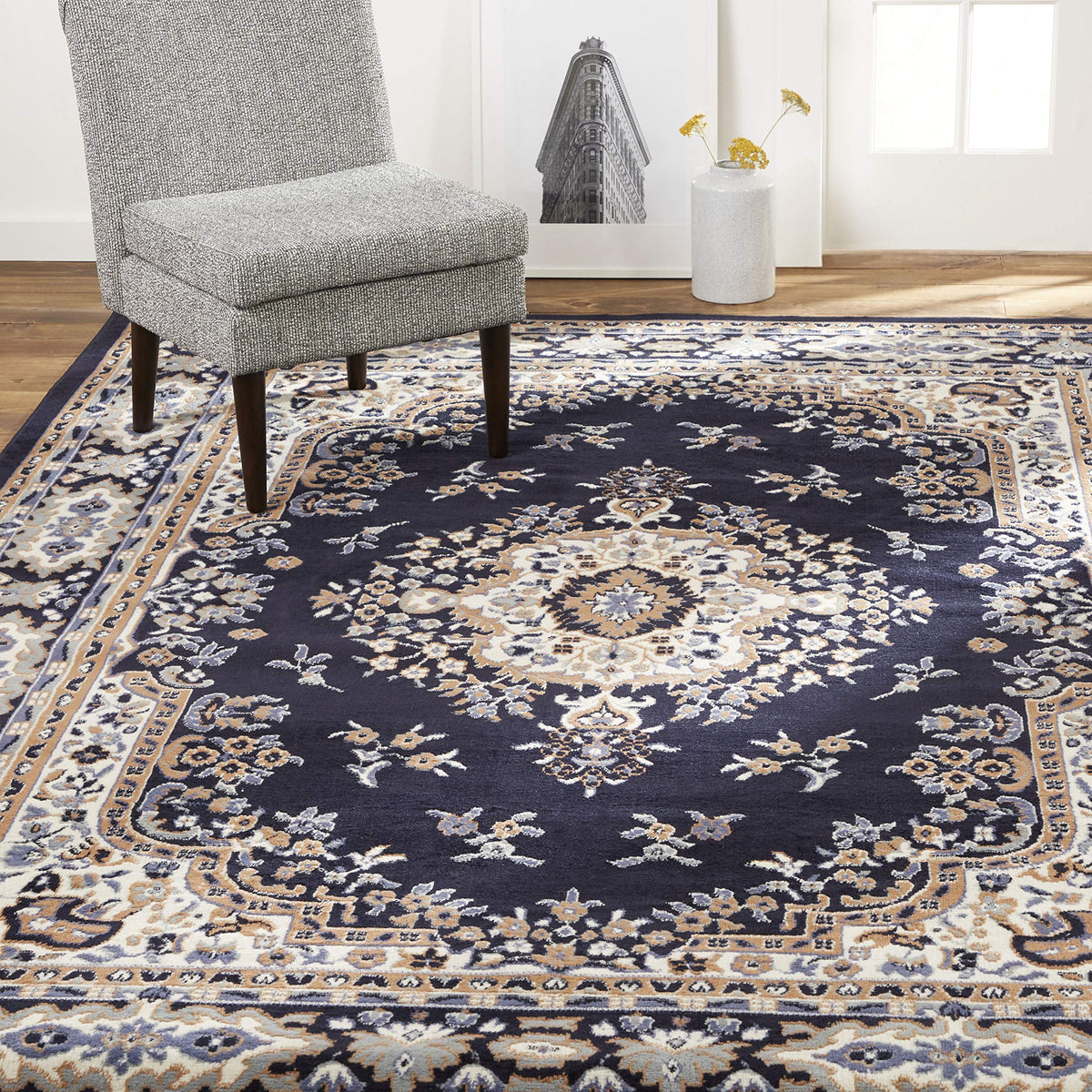 Home Dynamix rug front view showing medallion and balanced color scheme benefit: focal point