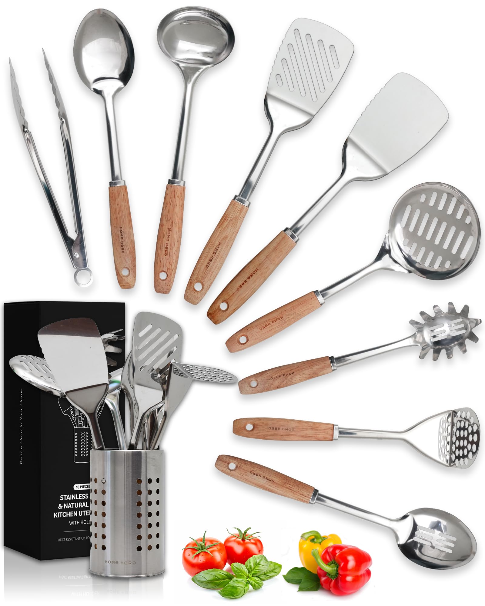 Home Hero front view of complete 10-piece set and holder, organized and ready