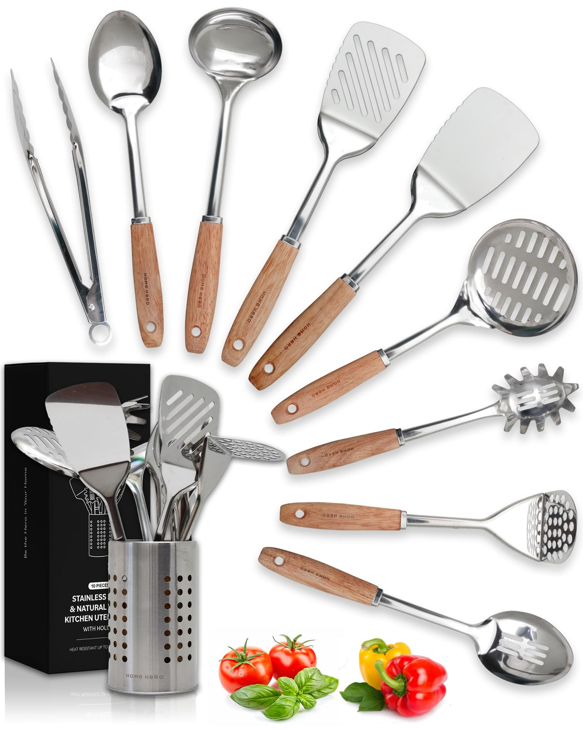 Home Hero front view of complete 10-piece set and holder, organized and ready