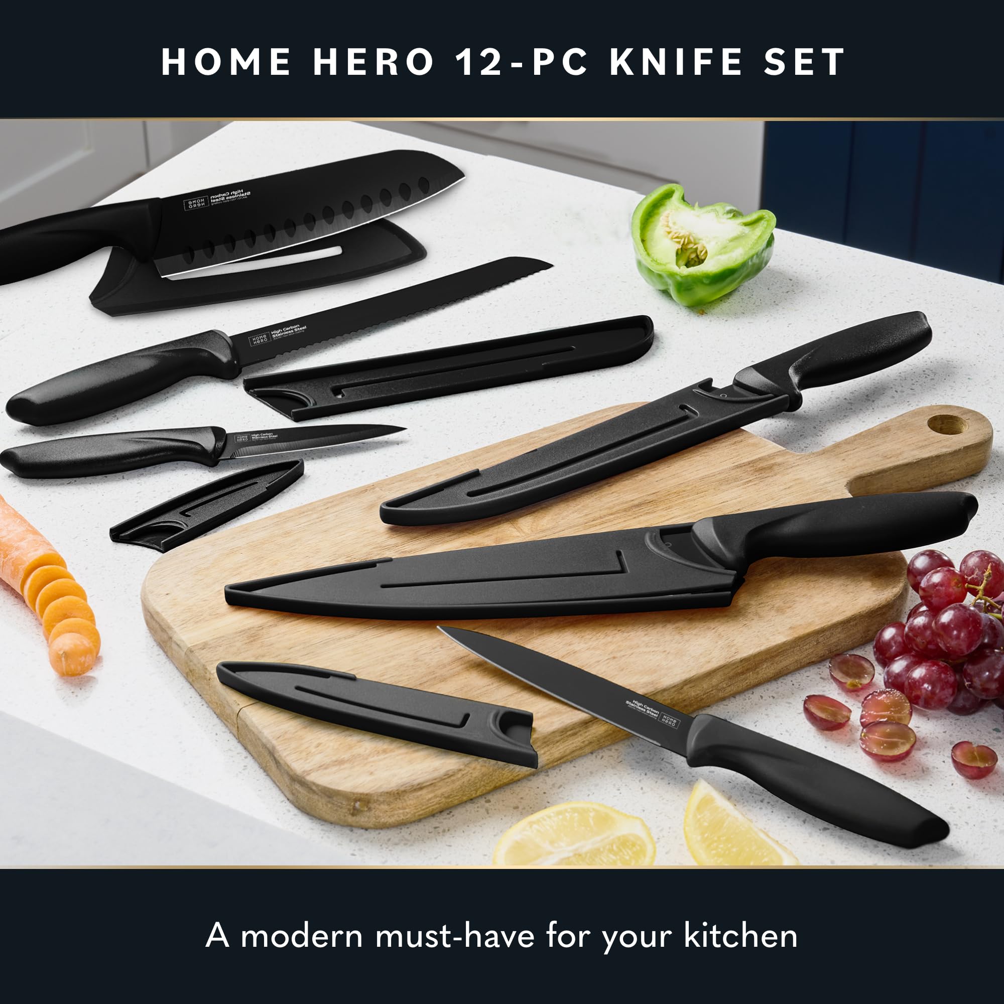 Home Hero arranged knife set display highlighting included blades