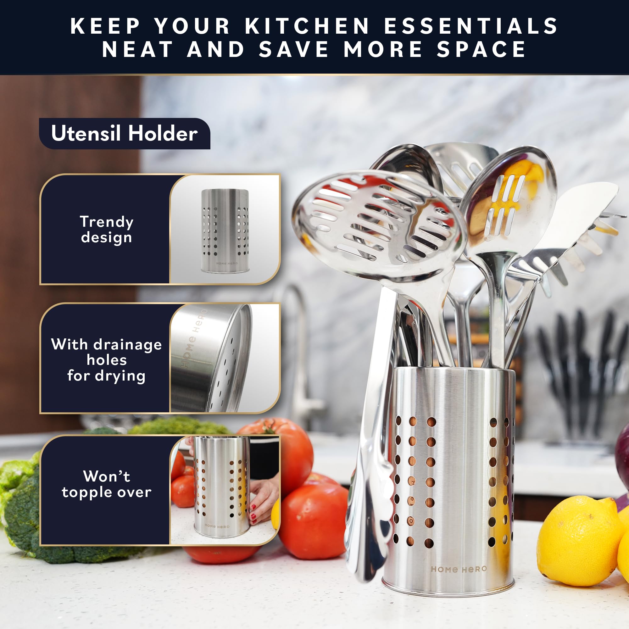 Home Hero utensils beside a saucepan for scale, shows practical size