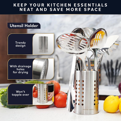 Home Hero utensils beside a saucepan for scale, shows practical size