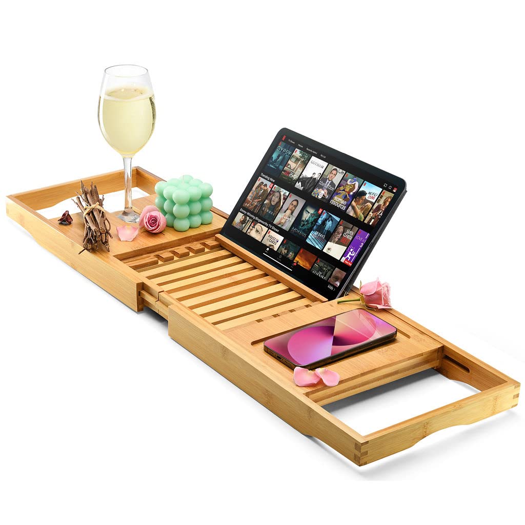 HOME IT front view of bamboo bathtub tray showing organized essentials and elegance