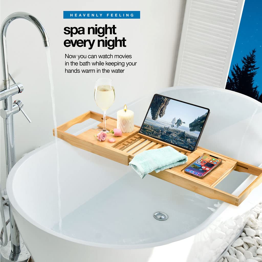 HOME IT tray in tub showing adjustable length fit and scale for most tubs