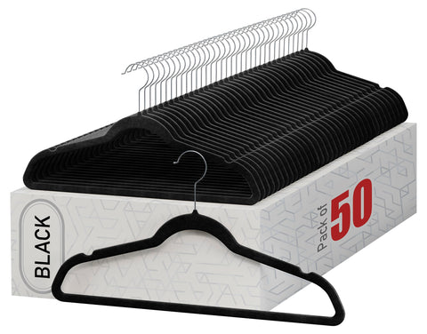HOME IT front pack of 50 black hangers showing neat organized storage benefit