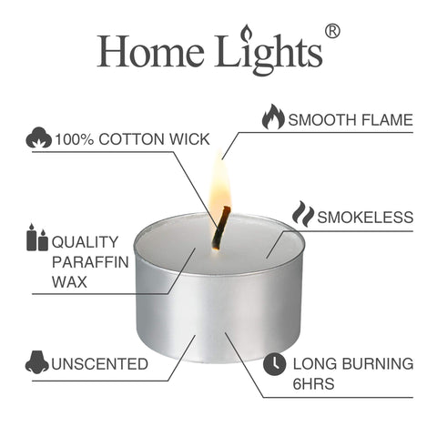 Home Lights burning tea light in metal cup, steady flame benefit