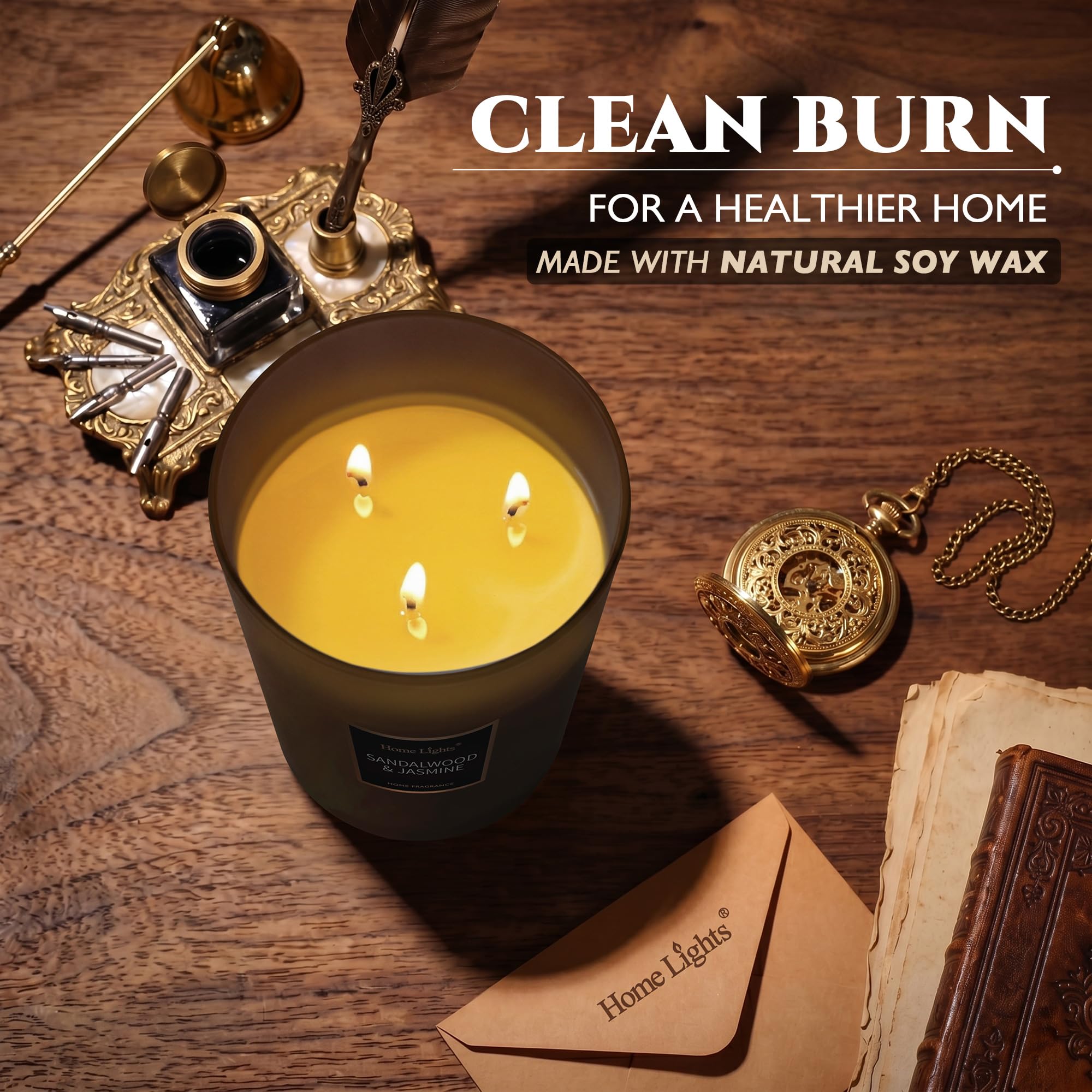 Home Lights candle styled on coffee table creating cozy atmosphere and decor impact
