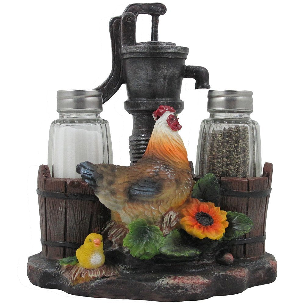 Home 'n Gifts front view showing rooster pump holder and shakers, adds farmhouse charm