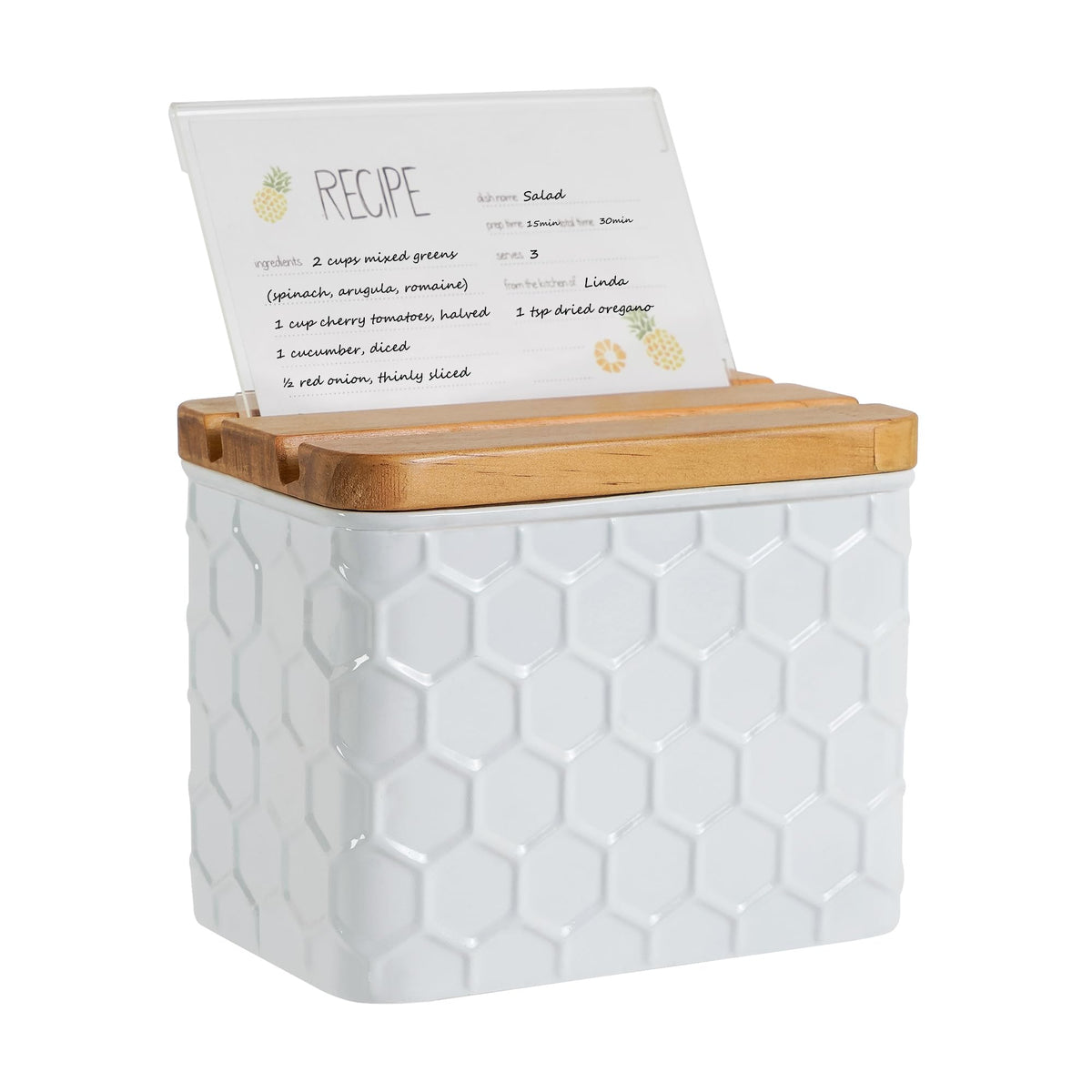 HOME PALETTE front view of honeycomb embossed recipe box showing elegant storage