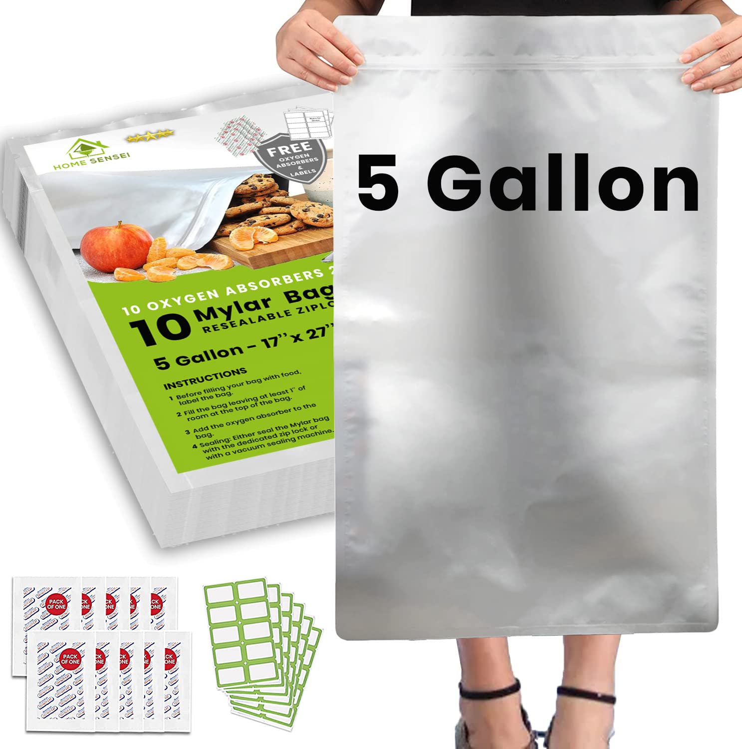 Home Sensei front packaging view showing 10 mylar bags and absorbers for reliable storage