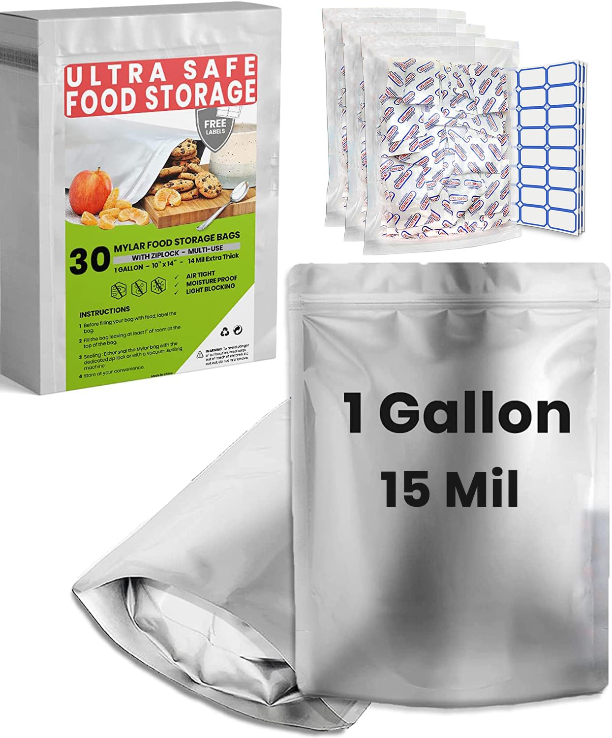 Home Sensei front packaging showing 30 mylar bags and accessories for preservation
