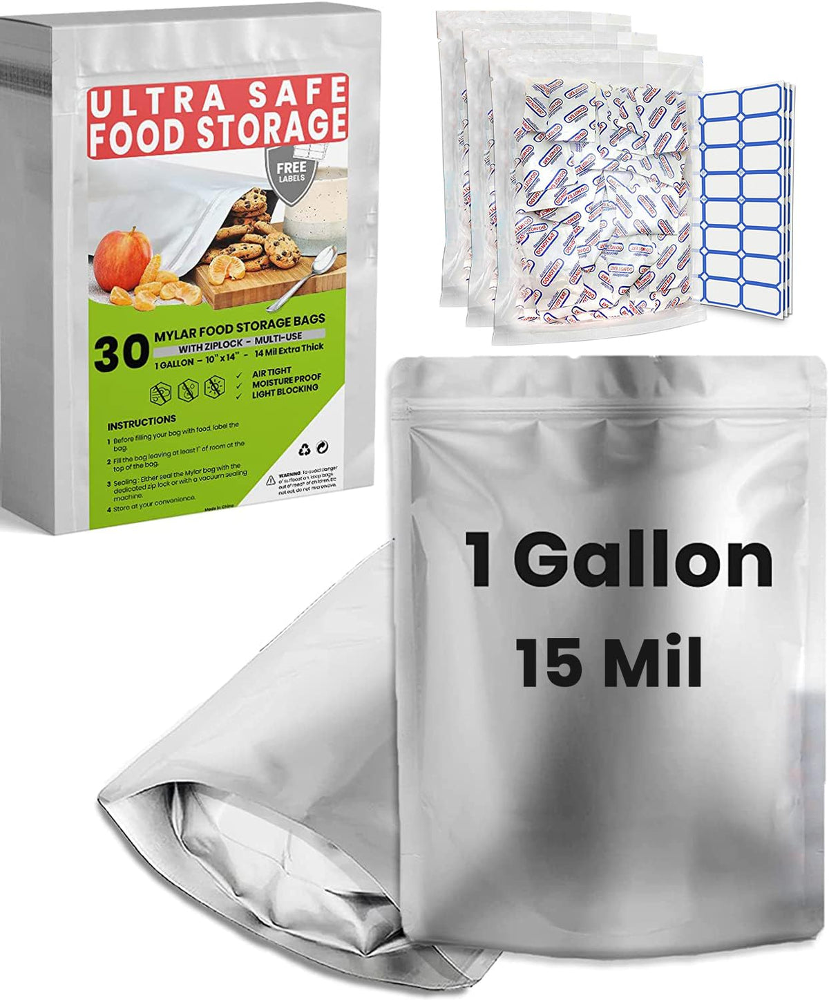 Home Sensei front packaging showing 30 mylar bags and accessories for preservation