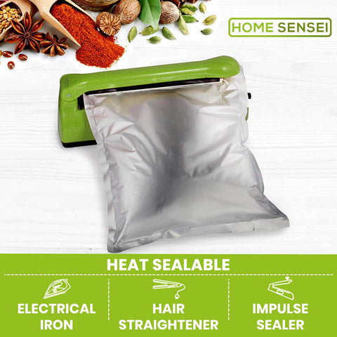 Home Sensei stand-up mylar bag filled to show gusset stability and easy filling