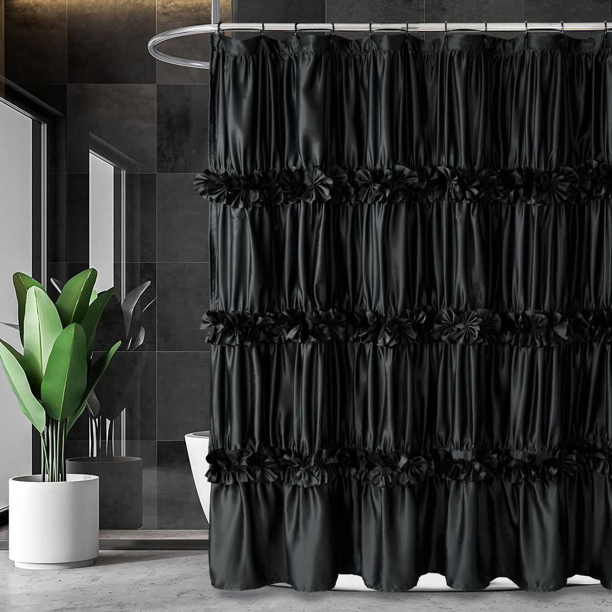 Homechoice Decor front view of black ruffled shower curtain showing elegant style and privacy