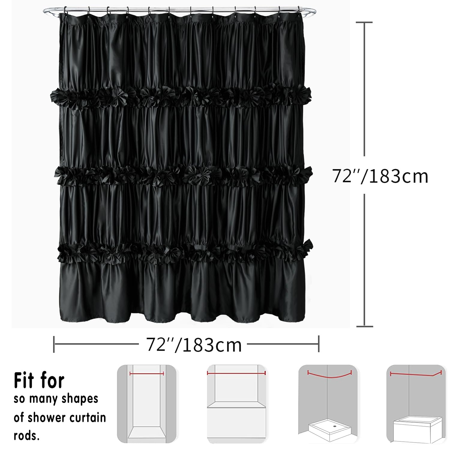 Homechoice Decor curtain beside tub showing 72 by 72 inch size and fit for standard showers