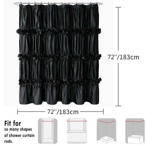 Homechoice Decor curtain beside tub showing 72 by 72 inch size and fit for standard showers