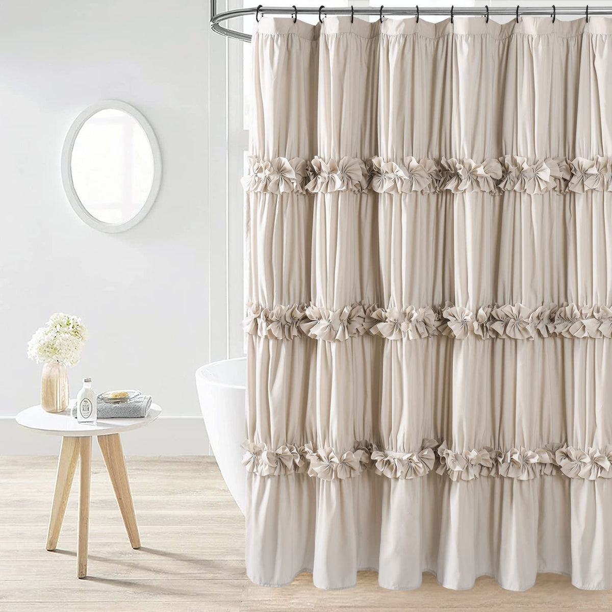 Homechoice Decor front view of camel ruffle shower curtain adds vintage charm