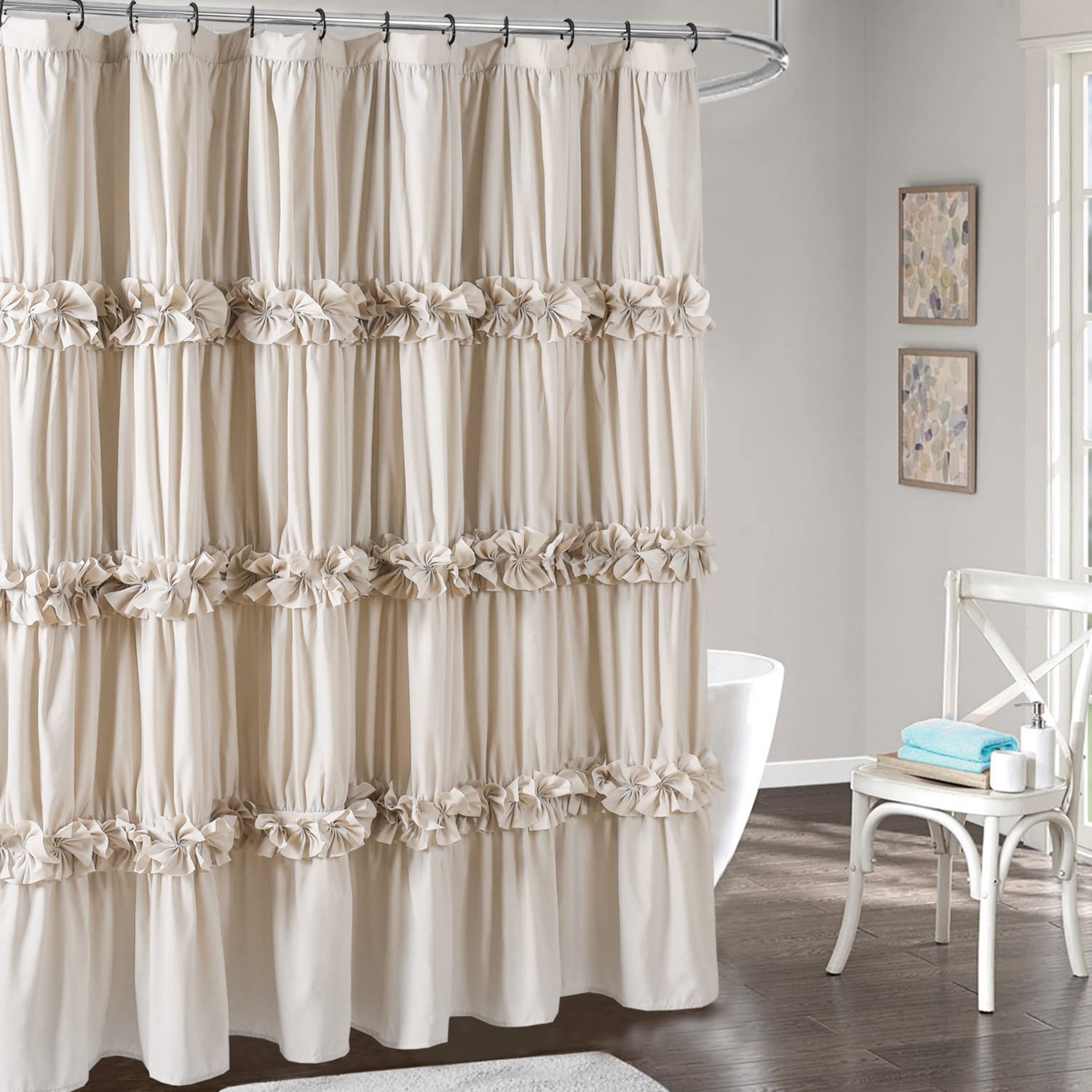 Homechoice Decor styled bathroom scene shows ruffle curtain enhancing decor