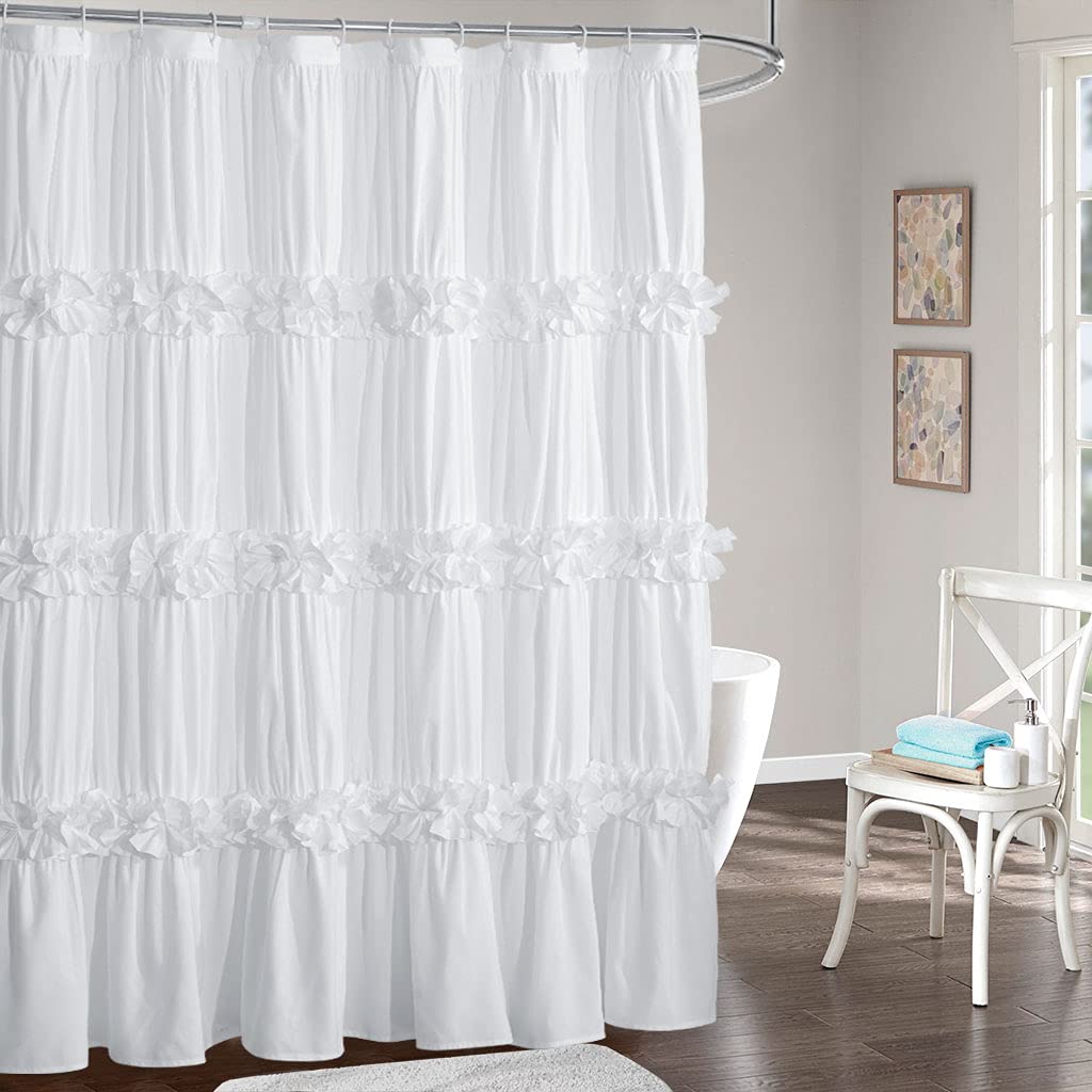Homechoice Decor front view showing full white ruffle shower curtain and elegant styling benefit