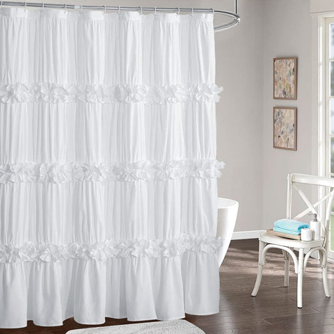Homechoice Decor front view showing full white ruffle shower curtain and elegant styling benefit