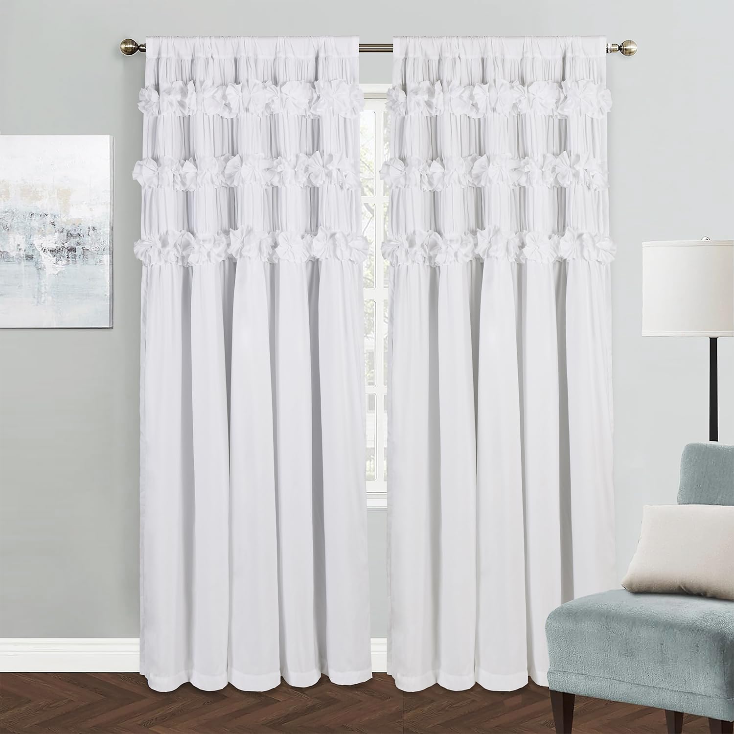 Homechoice Decor full panel front view showing elegant ruffles and room darkening benefit