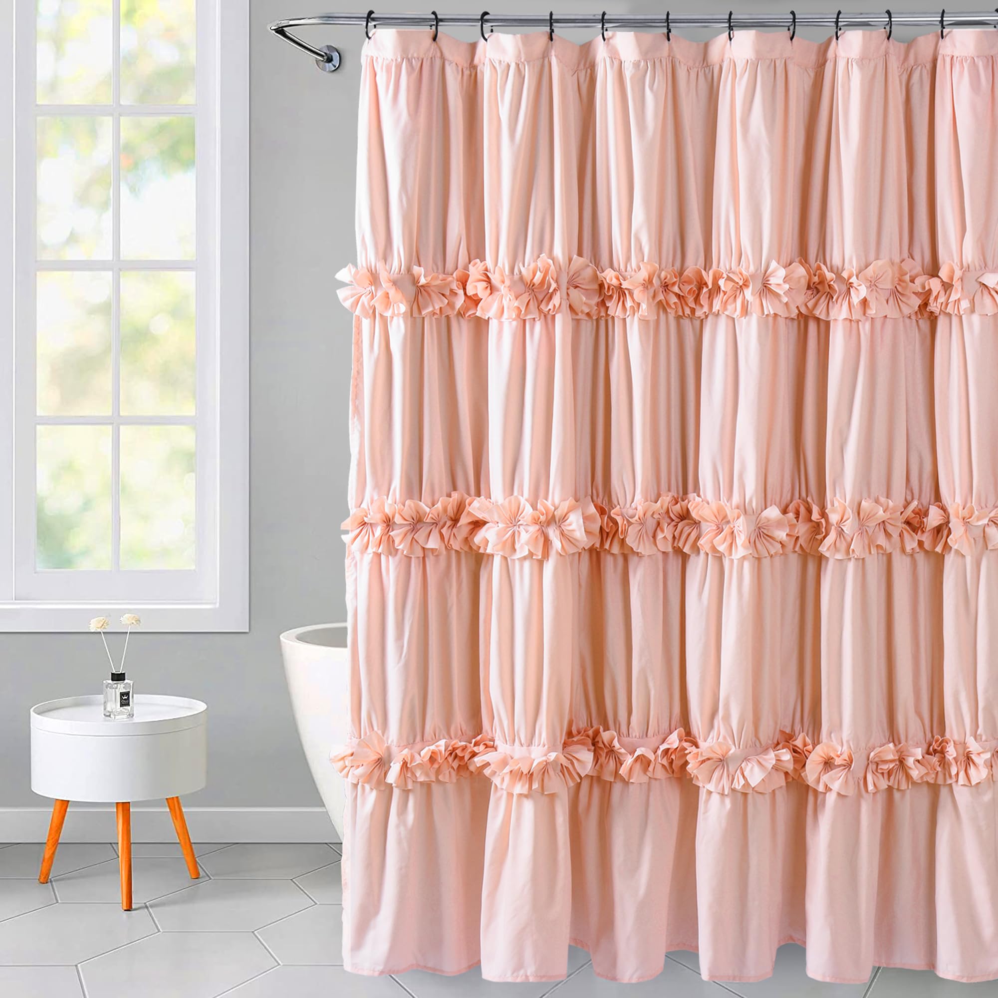 Homechoice Decor front view of peach ruffle curtain showing romantic texture and warmth