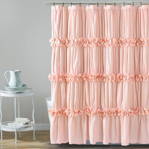 Homechoice Decor front view of peach ruffle curtain adds romantic style